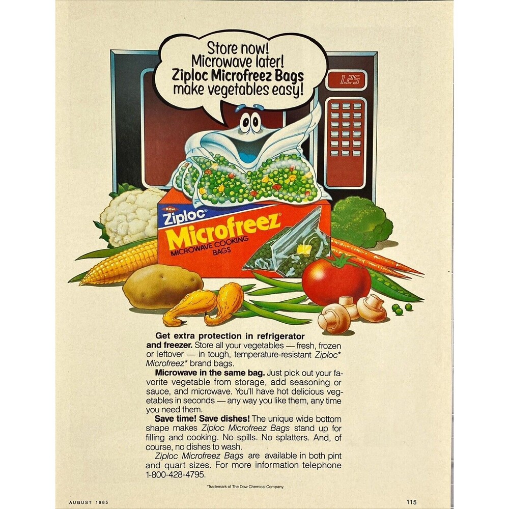 Ziplock Microwave Cooking Bags "makes Vegetables Easy" Cartoon Vtg Print Ad 1985